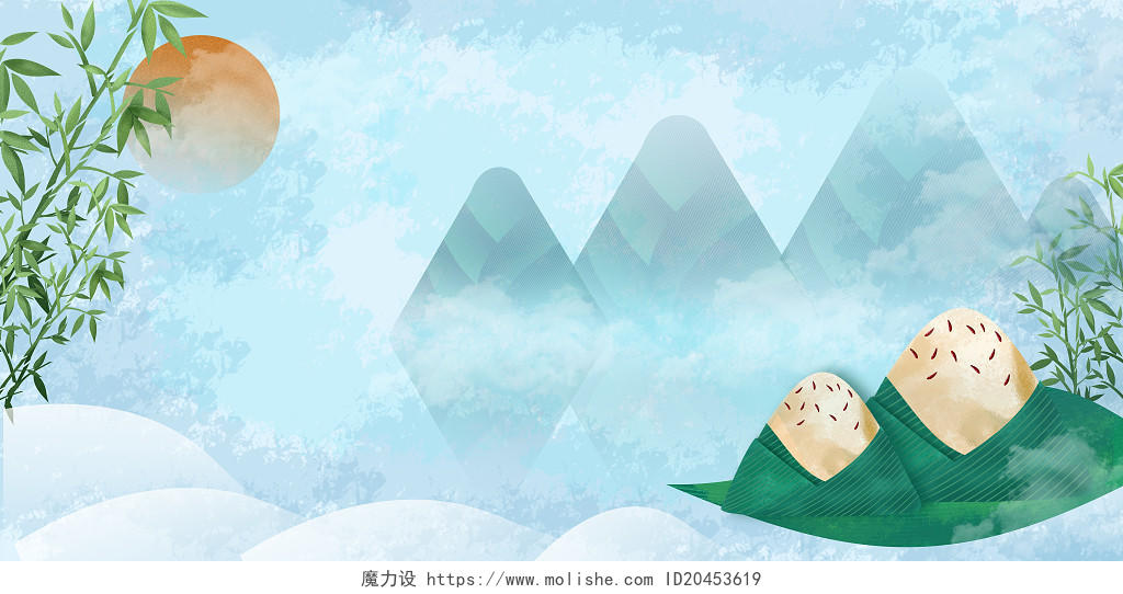 蓝色小清新手绘中国风古风端午节粽子海报展会背景端午节背景